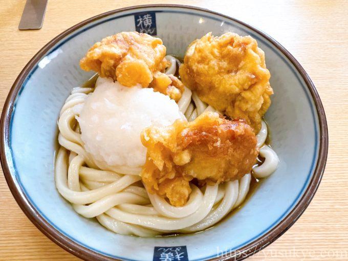 四代目横井製麺所のメニュー(鶏天おろしうどん)